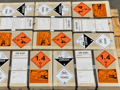 Packages marked with dangerous-goods labels